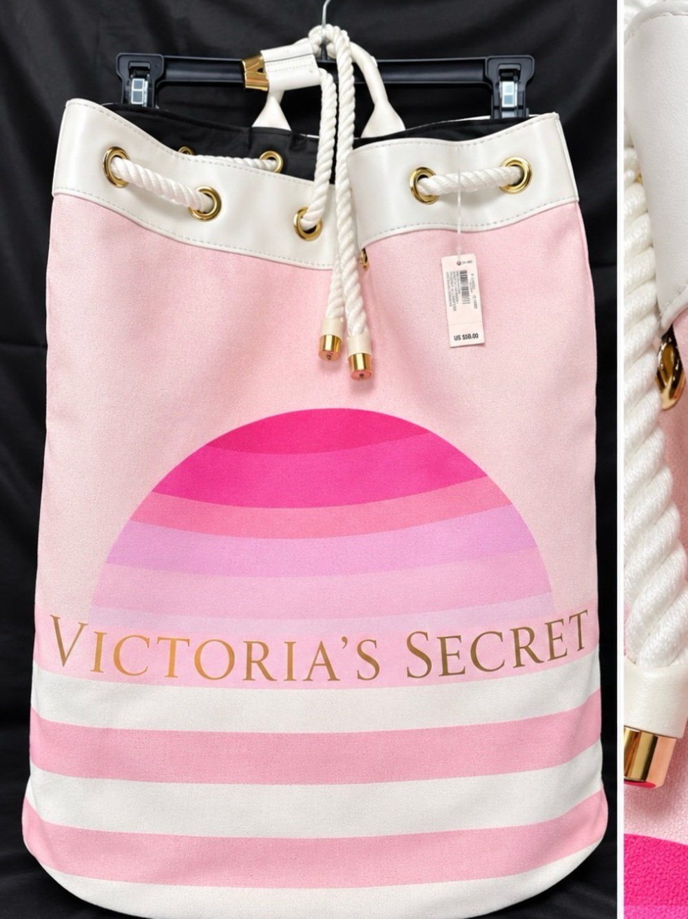 Victoria's Secret Pink and White Rope-Top Tote with Gold Accents